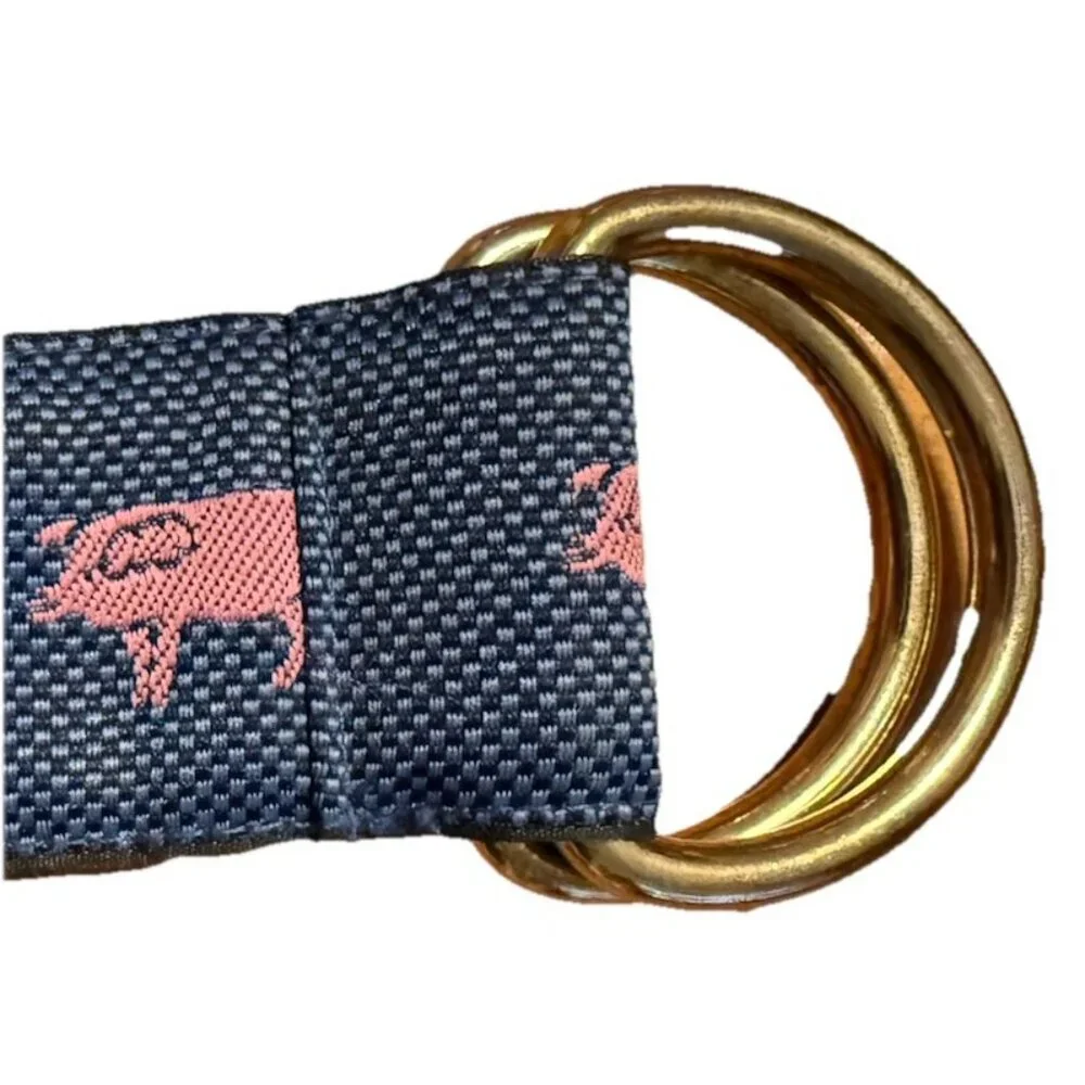 J McLaughlin Women’s Fabric Belt Navy Blue Pink Pigs Double D Gold‎ Ring Buckles